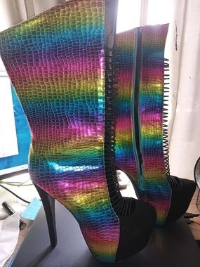 Shoe Republic LA Rainbow Metallic Croc Platform Stiletto Boots
